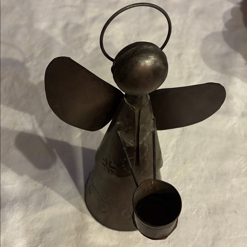 Mexican Artesanal Metal Angel Candle Holder Halo and Wings Copper Metal Vintage